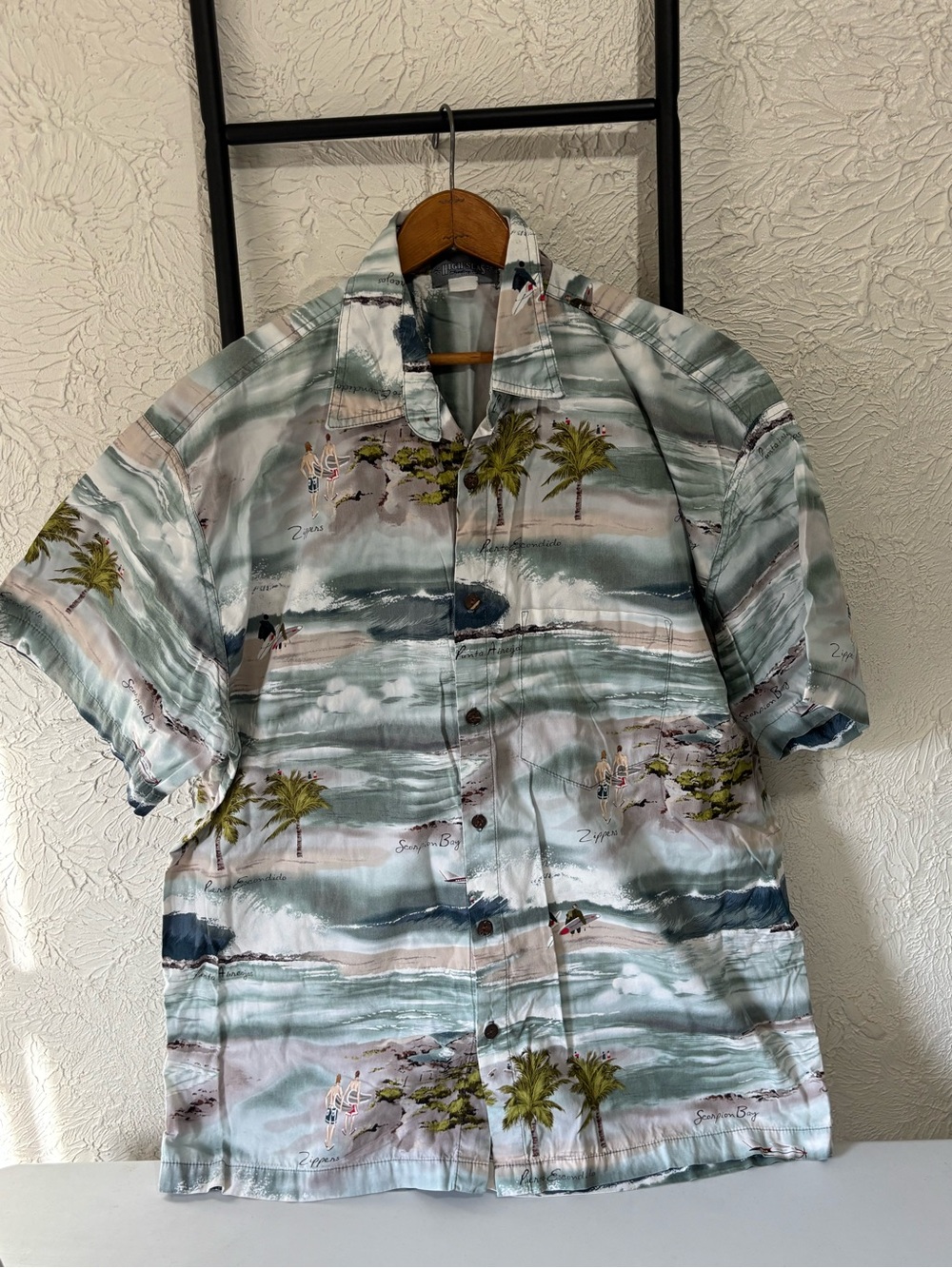 HighSeas Trading California Surf Themed Seafoam Green Tropical Button-Up Sz XL